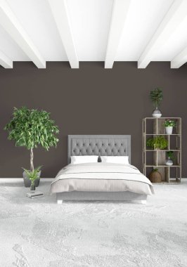 Beyaz yatak odası veya oturma odası en az stil iç tasarım şık duvar ve Kanepeli. 3D render. Conept gösteri Oda