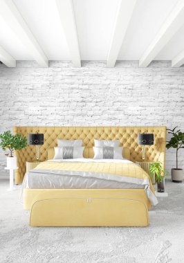 Beyaz yatak odası veya oturma odası en az stil iç tasarım şık duvar ve Kanepeli. 3D render. Conept gösteri Oda