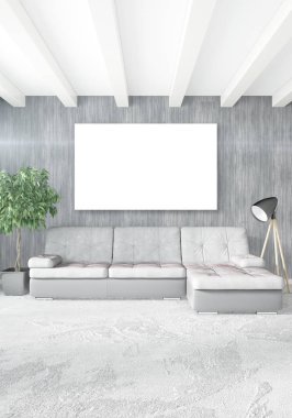 Beyaz yatak odası veya oturma odası en az stil iç tasarım şık duvar ve Kanepeli. 3D render. Conept gösteri Oda
