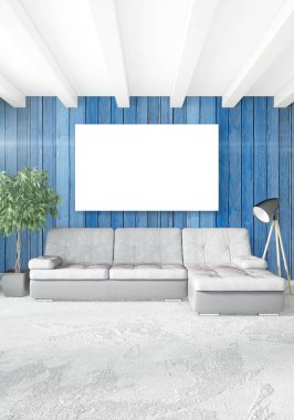 Beyaz yatak odası veya oturma odası en az stil iç tasarım şık duvar ve Kanepeli. 3D render. Conept gösteri Oda