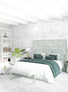 White bedroom or livingroom minimal style interior design with stylish wall and sofa. 3D Rendering. Conept of show room clipart