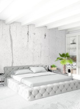 Çatı katı yatak odasında modern tarzı iç tasarım eklektik duvar ve şık kanepe. 3D render.