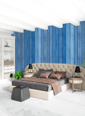 Çatı katı yatak odasında modern tarzı iç tasarım eklektik duvar ve şık kanepe. 3D render.