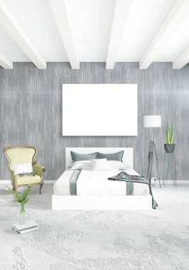 Çatı katı yatak odasında modern tarzı iç tasarım eklektik duvar ve şık kanepe. 3D render.