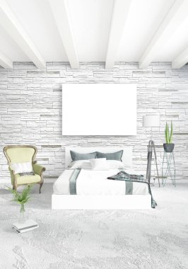 Çatı katı yatak odasında modern tarzı iç tasarım eklektik duvar ve şık kanepe. 3D render.