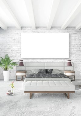 Çatı katı yatak odasında modern tarzı iç tasarım eklektik duvar ve şık kanepe. 3D render.