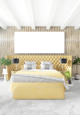 Çatı katı yatak odasında modern tarzı iç tasarım eklektik duvar ve şık kanepe. 3D render.