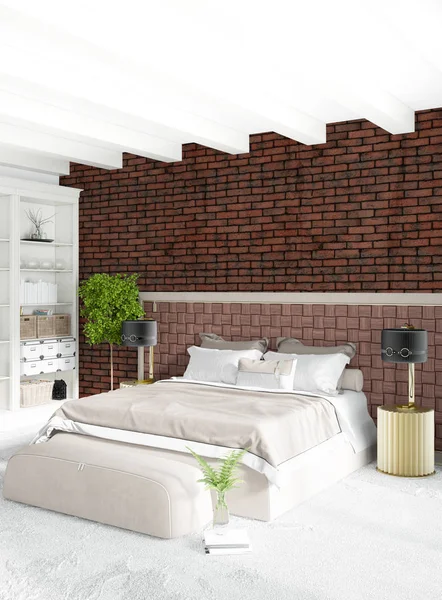 Dormitorio blanco o sala de estar de diseño interior de estilo minimalista con elegante pared y sofá. Representación 3D. Conjunto de sala de exposición — Foto de Stock