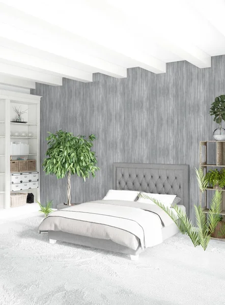 Loft dormitorio en diseño interior de estilo moderno con pared ecléctica y elegante sofá. Renderizado 3D . —  Fotos de Stock