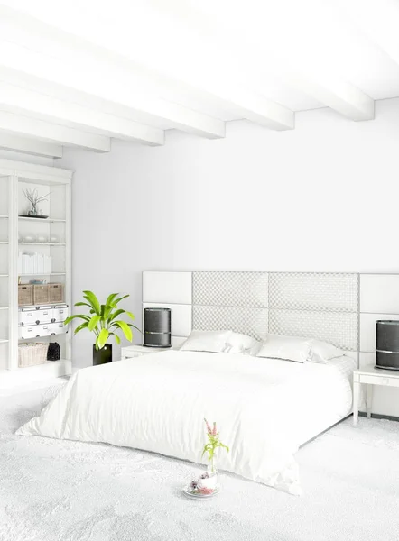 Loft camera da letto in stile moderno interior design con parete eclettica e divano elegante. Rendering 3D . — Foto Stock
