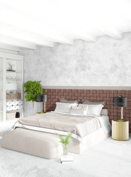 Loft camera da letto in stile moderno interior design con parete eclettica e divano elegante. Rendering 3D . — Foto Stock