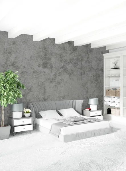 Loft camera da letto in stile moderno interior design con parete eclettica e divano elegante. Rendering 3D . — Foto Stock