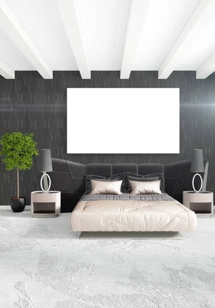 Çatı katı yatak odasında modern tarzı iç tasarım eklektik duvar ve şık kanepe. 3D render.