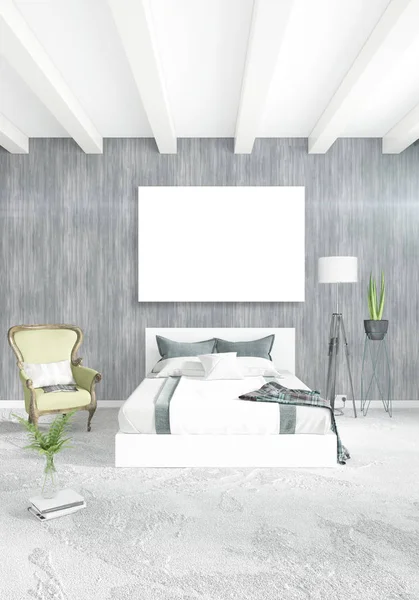 Çatı katı yatak odasında modern tarzı iç tasarım eklektik duvar ve şık kanepe. 3D render.