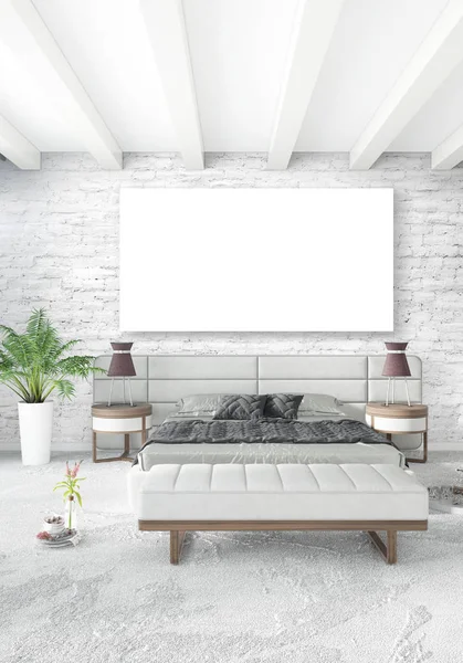 Çatı katı yatak odasında modern tarzı iç tasarım eklektik duvar ve şık kanepe. 3D render.