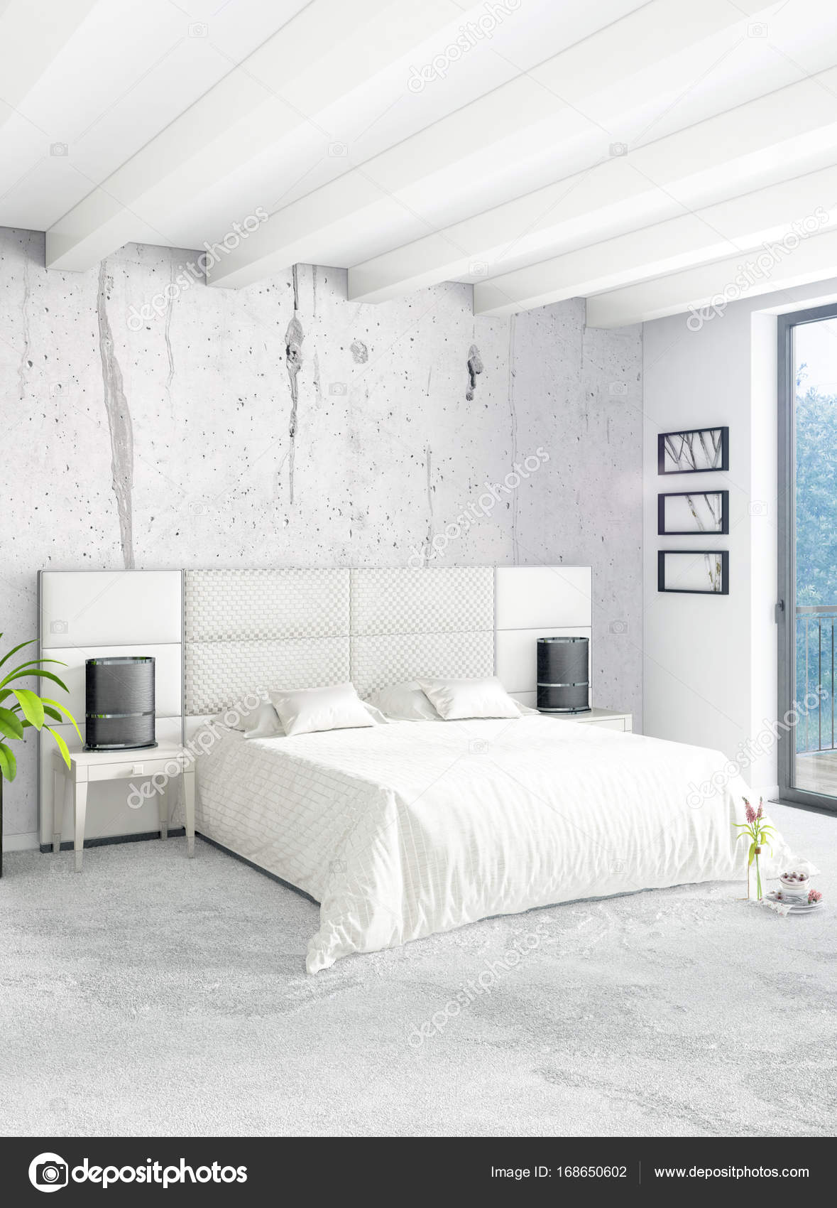 Dormitorio Loft en diseño de interiores de estilo moderno con pared