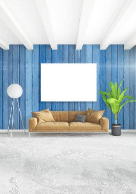 Çatı katı yatak odasında modern tarzı iç tasarım eklektik duvar ve şık kanepe. 3D render.