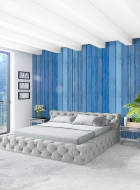 Çatı katı yatak odasında modern tarzı iç tasarım eklektik duvar ve şık kanepe. 3D render.