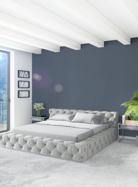 Çatı katı yatak odasında modern tarzı iç tasarım eklektik duvar ve şık kanepe. 3D render.