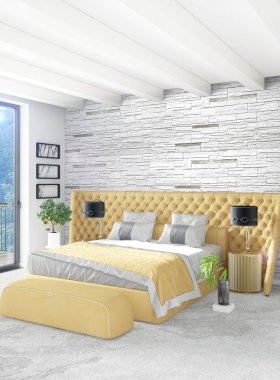 Çatı katı yatak odasında modern tarzı iç tasarım eklektik duvar ve şık kanepe. 3D render.