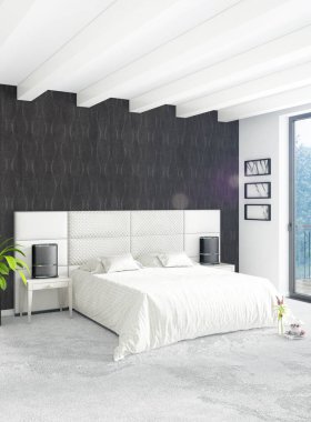 Çatı katı yatak odasında modern tarzı iç tasarım eklektik duvar ve şık kanepe. 3D render.