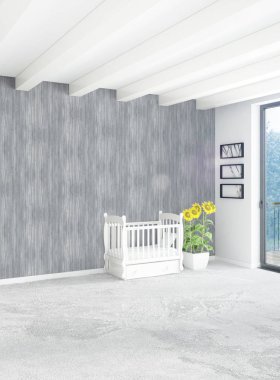 Çatı katı yatak odasında modern tarzı iç tasarım eklektik duvar ve şık kanepe. 3D render.