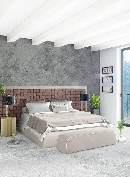 Loft dormitorio en diseño interior de estilo moderno con pared ecléctica y elegante sofá. Renderizado 3D . —  Fotos de Stock