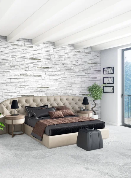 Chambre à coucher Loft dans un style moderne design intérieur avec mur éclectique et canapé élégant. Rendu 3D . — Photo