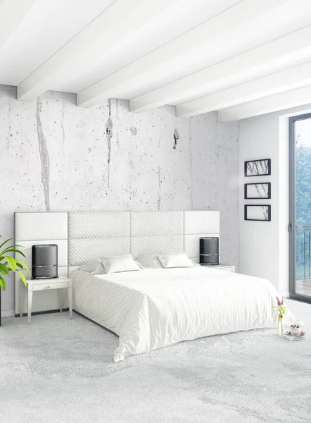 Chambre à coucher Loft dans un style moderne design intérieur avec mur éclectique et canapé élégant. Rendu 3D . — Photo