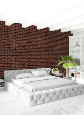 Çatı katı yatak odasında modern tarzı iç tasarım eklektik duvar ve şık kanepe. 3D render.