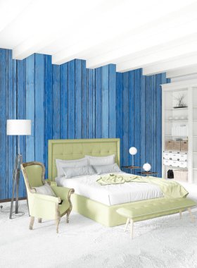 Çatı katı yatak odasında modern tarzı iç tasarım eklektik duvar ve şık kanepe. 3D render.