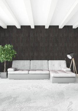 Çatı katı yatak odasında modern tarzı iç tasarım eklektik duvar ve şık kanepe. 3D render.