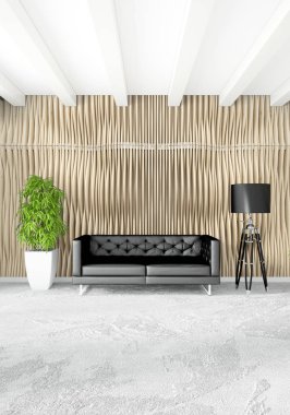 Çatı katı yatak odasında modern tarzı iç tasarım eklektik duvar ve şık kanepe. 3D render.