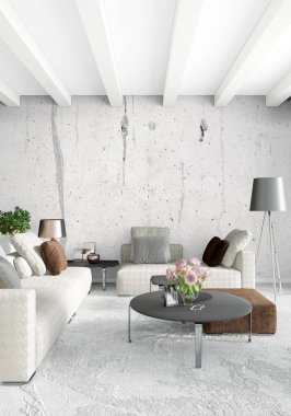 Çatı katı yatak odasında modern tarzı iç tasarım eklektik duvar ve şık kanepe. 3D render.