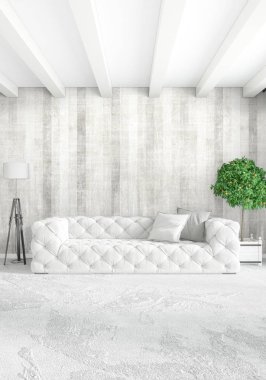 Çatı katı yatak odasında modern tarzı iç tasarım eklektik duvar ve şık kanepe. 3D render.