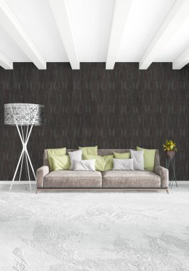 Çatı katı yatak odasında modern tarzı iç tasarım eklektik duvar ve şık kanepe. 3D render.