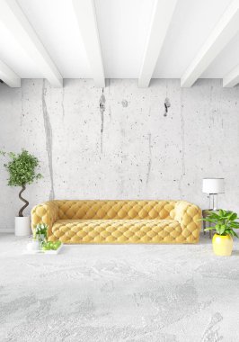 Çatı katı yatak odasında modern tarzı iç tasarım eklektik duvar ve şık kanepe. 3D render.