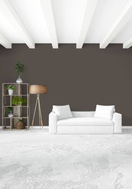 Çatı katı yatak odasında modern tarzı iç tasarım eklektik duvar ve şık kanepe. 3D render.