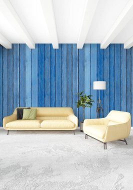 Sarı yatak odası veya oturma odası dekorasyon duvar ve şık mobilya yayan ile modern tarzda. 3D render.