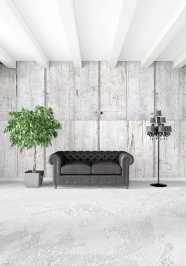 Çatı katı yatak odasında modern tarzı iç tasarım eklektik duvar ve şık kanepe. 3D render.