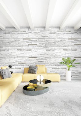 Çatı katı yatak odasında modern tarzı iç tasarım eklektik duvar ve şık kanepe. 3D render.