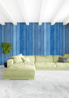 Çatı katı yatak odasında modern tarzı iç tasarım eklektik duvar ve şık kanepe. 3D render.