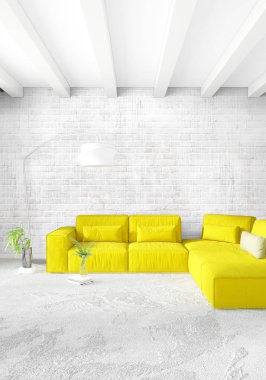 Sarı yatak odası veya oturma odası dekorasyon duvar ve şık mobilya yayan ile modern tarzda. 3D render.