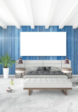 Çatı katı yatak odasında modern tarzı iç tasarım eklektik duvar ve şık kanepe. 3D render.