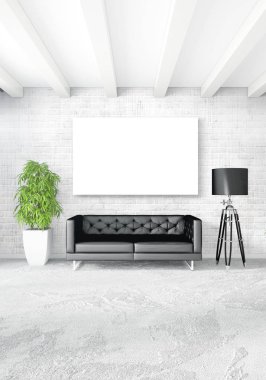 Çatı katı yatak odasında modern tarzı iç tasarım eklektik duvar ve şık kanepe. 3D render.