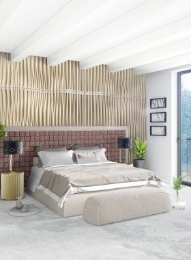 Çatı katı yatak odasında modern tarzı iç tasarım eklektik duvar ve şık kanepe. 3D render.
