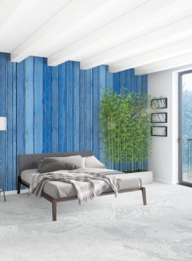 Çatı katı yatak odasında modern tarzı iç tasarım eklektik duvar ve şık kanepe. 3D render.