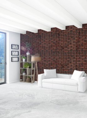 Çatı katı yatak odasında modern tarzı iç tasarım eklektik duvar ve şık kanepe. 3D render.