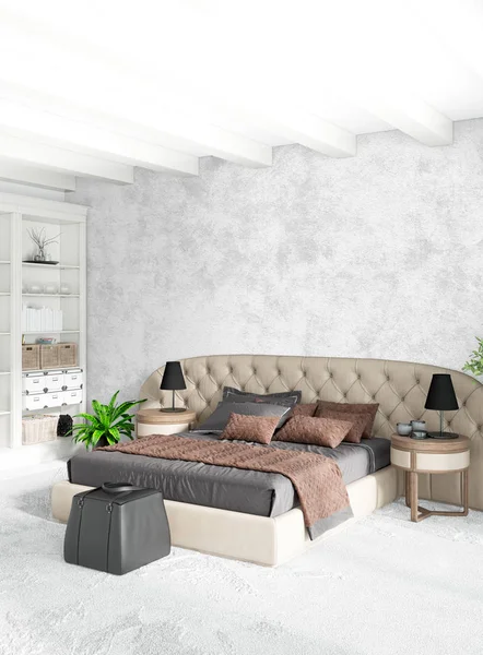 Sypialnią na poddaszu w nowoczesnym stylu wnętrz z eklektyczną ściany i stylową kanapą. renderowania 3D. — Zdjęcie stockowe