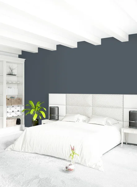 Loft camera da letto in stile moderno interior design con parete eclettica e divano elegante. Rendering 3D . — Foto Stock